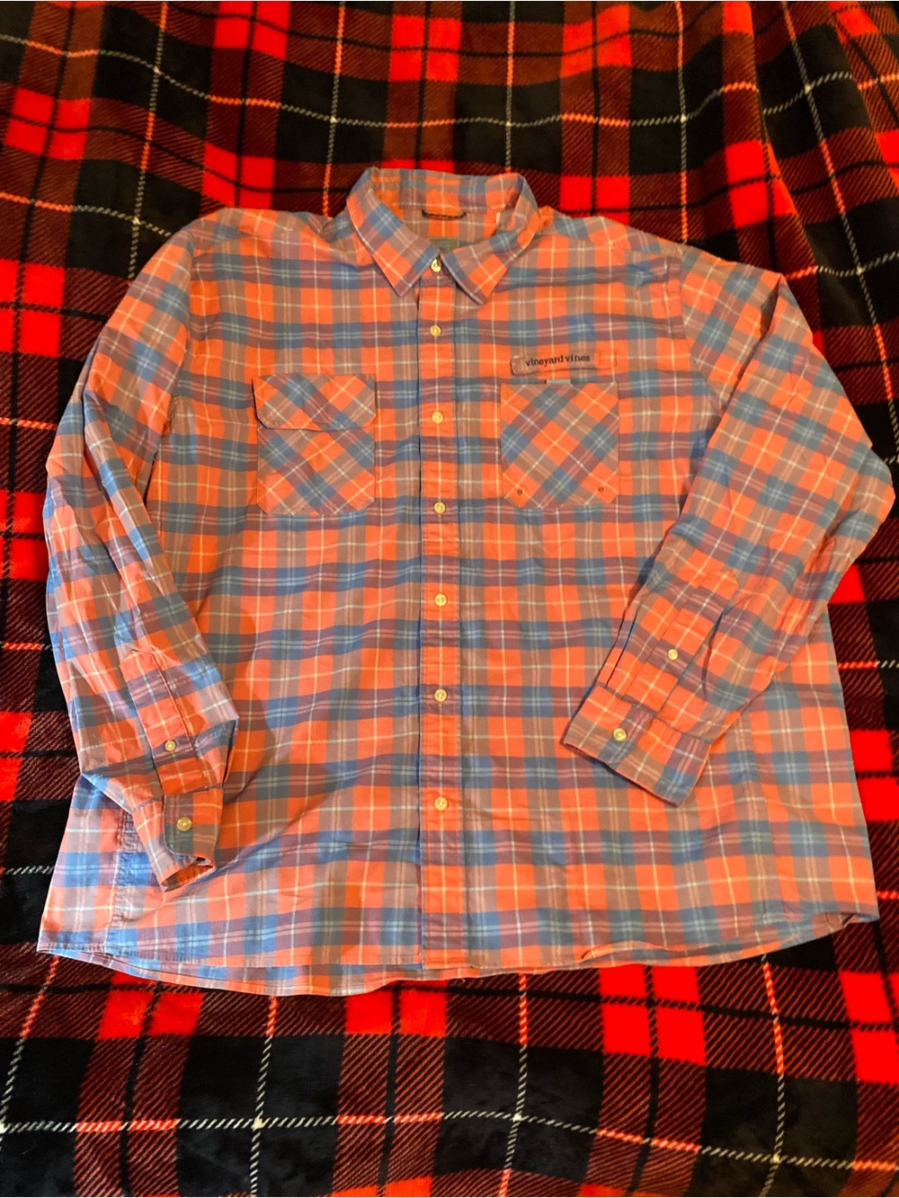 Vineyard Vines Coral and Light Blue Plaid Button-Down Shirt